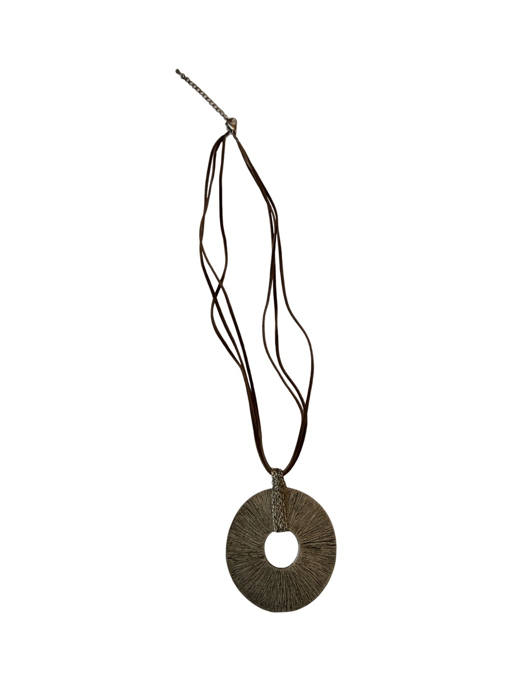Reversible Textured Circle Pendant Necklace | Brown Multi-Strand Cord | Gunmetal - Picture 10 of 13